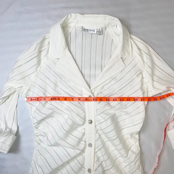 Farinaz Taghavi Ruched Blouse Size 12 White Sheer Stripes Abalone Button Down - Picture 6 of 9